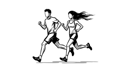 Fototapeta premium Dynamic Black and White Illustration of a Man and Woman Running Together