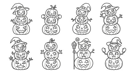 Six Halloween Pumpkin Stacked Snowman Illustrations with Witch Hats