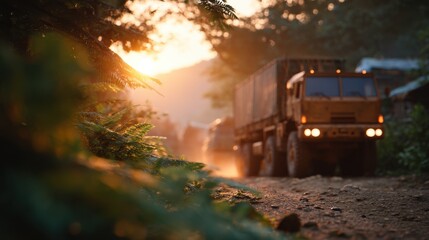 Golden Morning Light Illuminating Dirt Road Scene with Truck