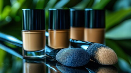 Makeup foundation bottles and brushes on a reflective surface, against a blurred green foliage background