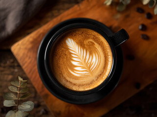Cappuccino with Latte Art in Black Mug on Wooden Table