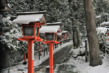 日本、京都,、比叡山、灯篭、赤燈籠、山、冬絶景、雪景色、神社、鳥居、冬の絶景、ポット、旅行、風景、旅、森,、自然、空,、冬、木、写真素材	
