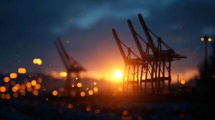 Majestic Industrial Scene with Large Cranes at Sunset