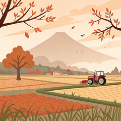 Flat Vector Illustration of Tractor Working in Scenic Countryside Landscape – Seasonal Agriculture Concept

