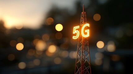 Modern Concept of 5G Network Tower with Glowing Sign at Sunset