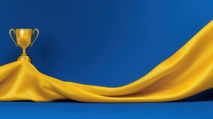 Celebrating success golden trophy connection on vibrant yellow fabric studio setting close-up view