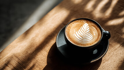 Cappuccino with Latte Art in Black Mug on Solid Wooden Table