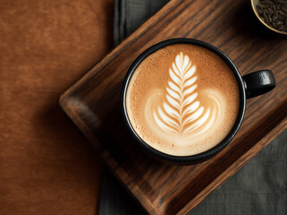 Cappuccino with Latte Art in Black Mug on Wooden Table