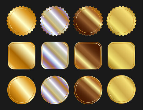 Set of  realistic foil sticker templates for medal, badge. Label with metallic holographic effect of gold, bronze, silver. Round and square shiny rainbow emblems, star. Vector EPS10