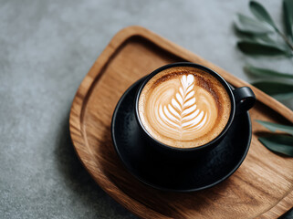 Cappuccino Coffee with Latte Art in Black Mug Flat Lay