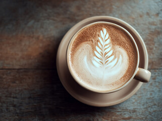 Cappuccino Coffee with Latte Art on Wooden Table Top View