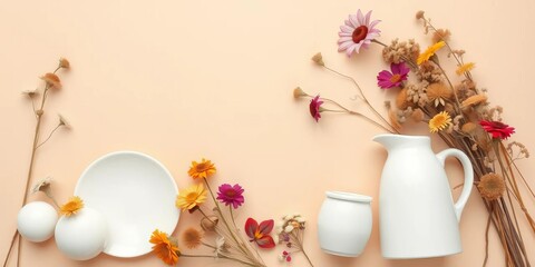 Dried flowers and white ceramic objects artfully arranged on a beige backdrop, invitation, minimal