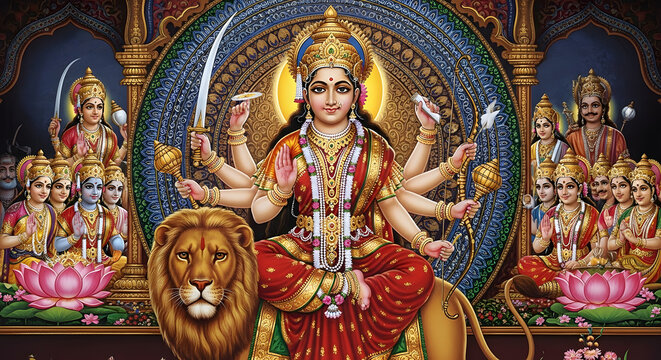 Hindu Goddess Durga with Lion, Weapons and Devotees - Religious Iconography Illustration.