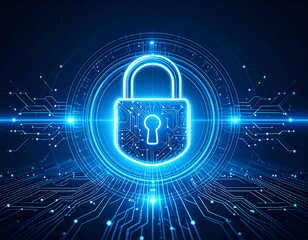 Digital Lock Cyber Security: Data Protection with Glowing Circuit Shield, Futuristic Tech Defense Concept