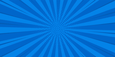 Pop art comic blue background with halftone, rays, gradient. Vector cartoon illustration in retro style. Design for comic book, poster, banner