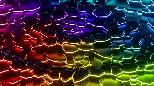 Colorful hexagonal pattern with neon glow moving waves. Looped animation. 3D rendering