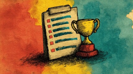 Celebrating success trophy and checklist connection on colorful background creative graphic design