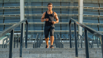 Fitness, health and city man running on street with motivation, healthy mindset and summer morning...