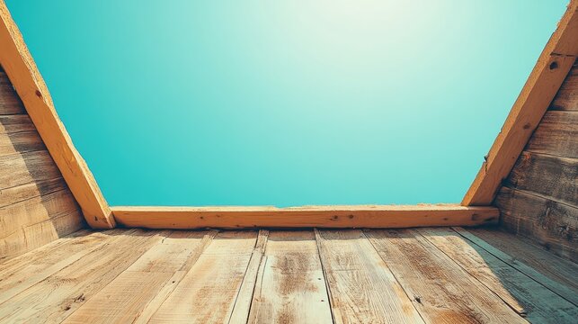 Wooden structure looking up at a bright sky.