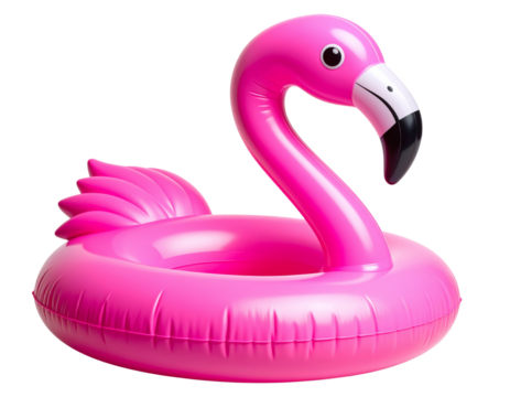  Bright Pink Inflatable Flamingo Pool Toy Side View Isolated on Transparent Background PNG