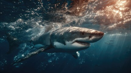 Fototapeta premium Great white shark, powerful and majestic, underwater