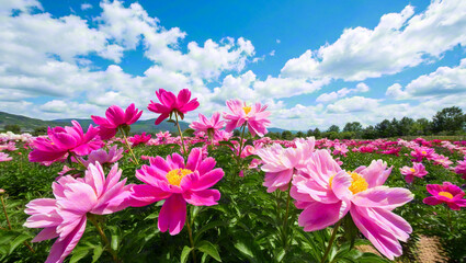 pink flowers against blue sky