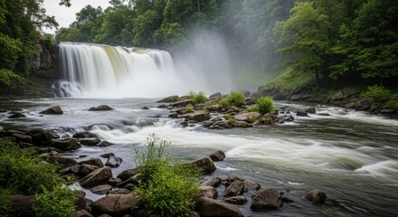 Fototapeta premium Majestic Waterfall Cascading Through Lush Green Forest Scenic Nature Landscape