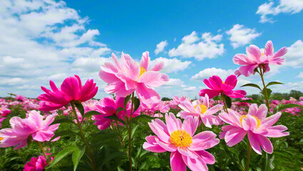 pink flowers against blue sky