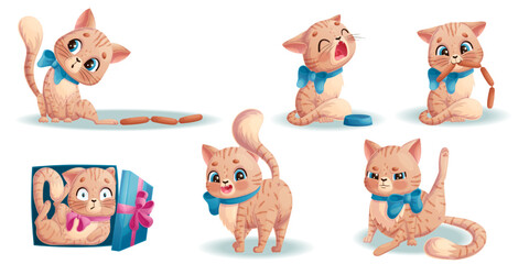 A set of cute kittens performing different actions. A charming animal with a bow around its neck. Isolated vector illustration for design, prints and patterns.