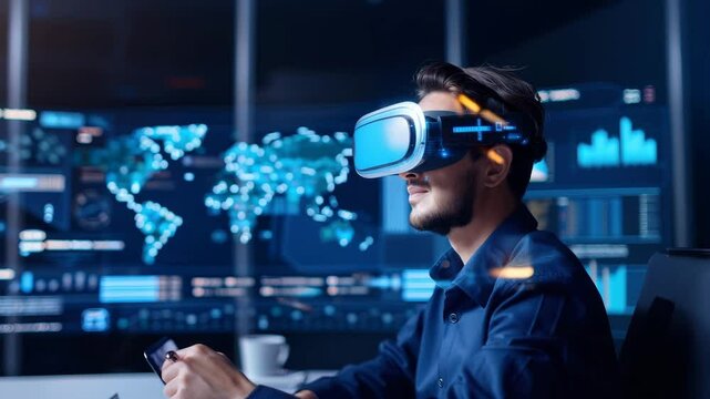 Young man with virtual reality headset modern office, interacting with digital interface and futuristic technology, immersive innovation, global data visualization, technology, digital, office, man - Powered by Adobe