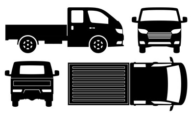 A small truck silhouette on a white background. Vehicle icons set view from the side, front, back, and top