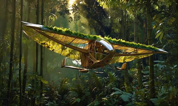 An airplane with its wings covered in green leaves, blending seamlessly into the lush, dense forest environment. The plane appears to be stationary amidst the vibrant green foliage.