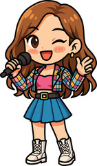 Cute Singing Girl Cartoon with Brown Wavy Hair, Pink Tank, Plaid Shirt, Blue Skirt, V-Sign