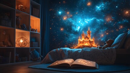 An open storybook on a child's bedroom floor projects a glowing, magical castle and a starry cosmic sky onto the wall