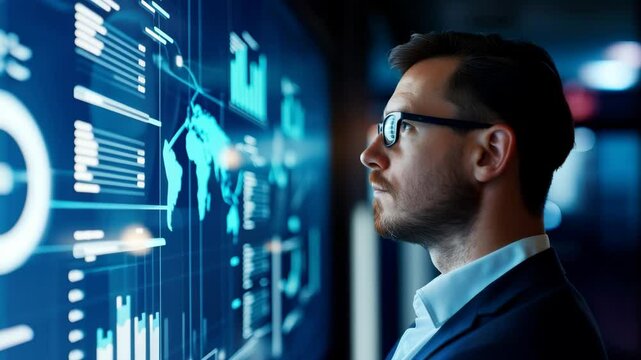 Businessman data analytics technology digital screen graph futuristic professional office focused modern innovation finance statistics global information analysis corporate strategy data technology - Powered by Adobe