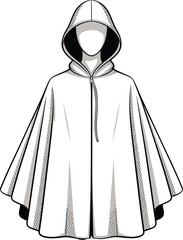 Hooded poncho, cloak,  design, illustration, vector, zip cape, apparel, sketch, trendy, garment, stylish, wearable, streetwear, layer, draped, minimalist, coat, cad drawing flat vector illustration