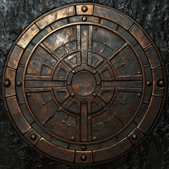 Fototapeta premium Sewer Cover. Vintage Bronze Manhole Cover on Industrial Metallic Surface