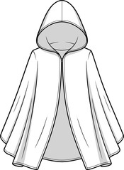 Hooded, poncho, cloak, cape, jacket, outerwear, fashion, garment, design, zip, front, draped, stylish, unisex, apparel, cad, drawing, flat, vector, illustration

