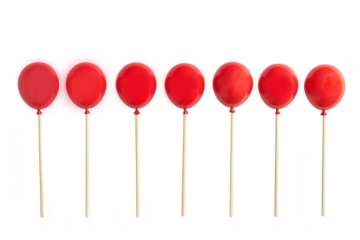 Set of red balloons on sticks isolated on transparent background