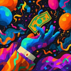 Hand Catching Money With Colorful Balloons And Party Decor