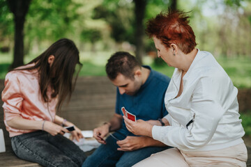 Obraz premium A close-knit family spending quality time outdoors playing a card game together, surrounded by nature, illustrating happiness, connections, and the beauty of shared moments.