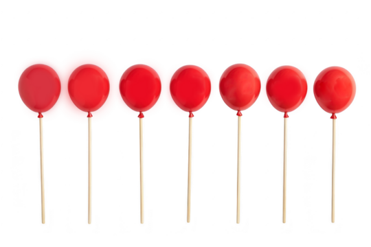 Set of red balloons on sticks isolated on transparent background