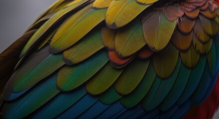 Fototapeta premium Close up on vibrantly colored feathers of a large tropical bird showing intricate patterns