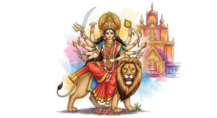 Divine Goddess Durga, Lion, Weapons, and Temple, Religious Art, Hindu Deity Illustration.
