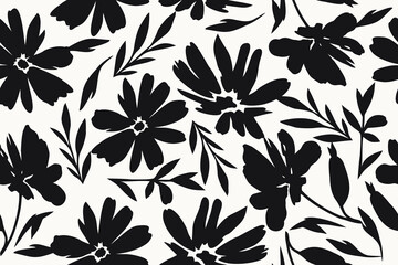 Bold black floral silhouettes on a soft white background, featuring dynamic flower and leaf shapes ideal for modern fabric prints, wallpapers, and decor.