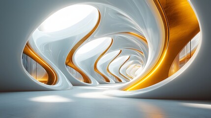 A futuristic, spiraling white and gold atrium, bathed in ethereal light, showcasing a sleek, minimalist design with a continuous, upward flow