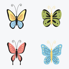 Cute butterfly doodle hand drawn collection set. Beautiful colorful butterflies illustration clipart vector cartoon for decoration, children, sticker, design