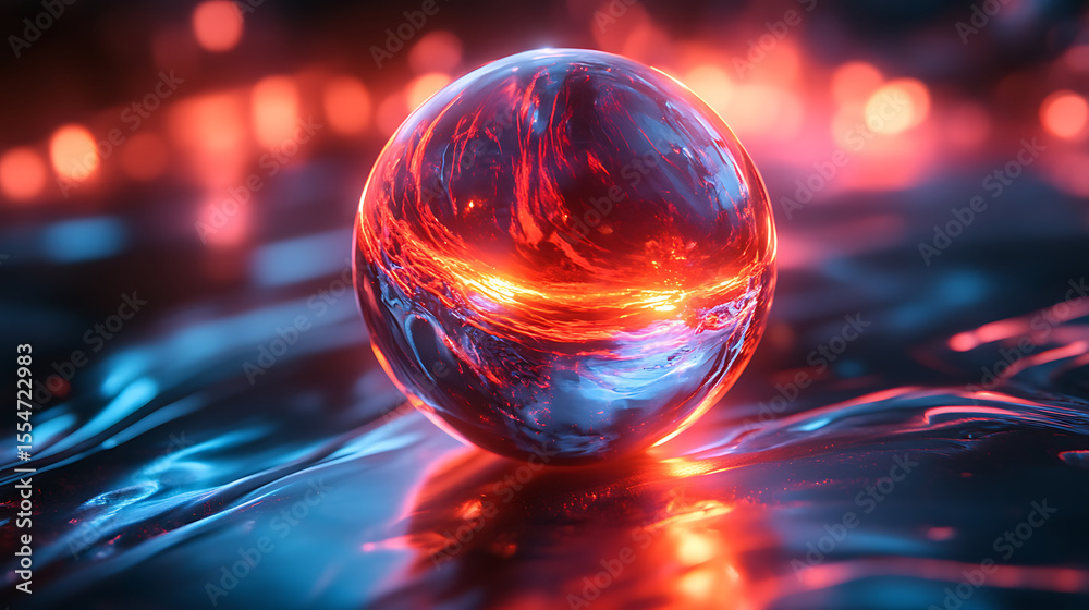 Poster glowing crystal sphere resting on reflective surface with abstract red and blue color swirls and sof