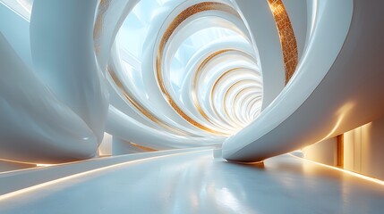 A futuristic, spiraling white and gold atrium, bathed in ethereal light, showcasing a sleek, minimalist design with a continuous, upward flow