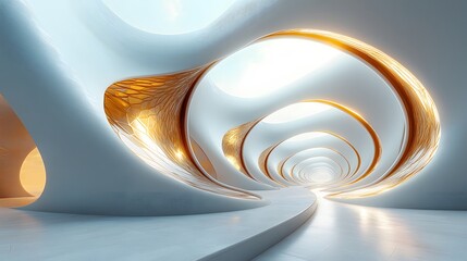 A futuristic, spiraling white and gold atrium, bathed in ethereal light, showcasing a sleek, minimalist design with a continuous, upward flow
